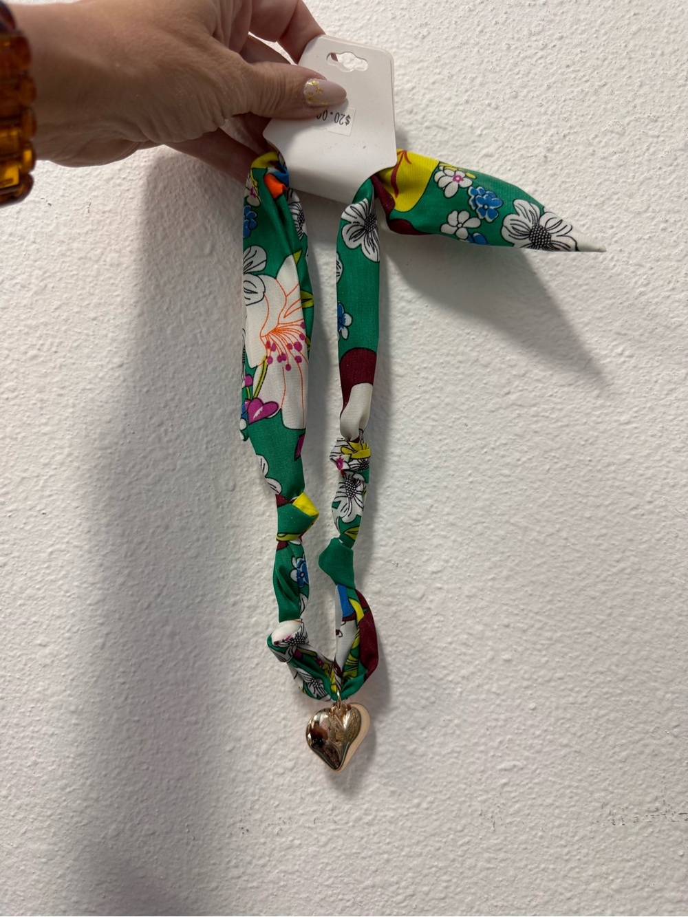 Floral Green Scarf Necklace with Gold Heart Pendant - Women Accessories